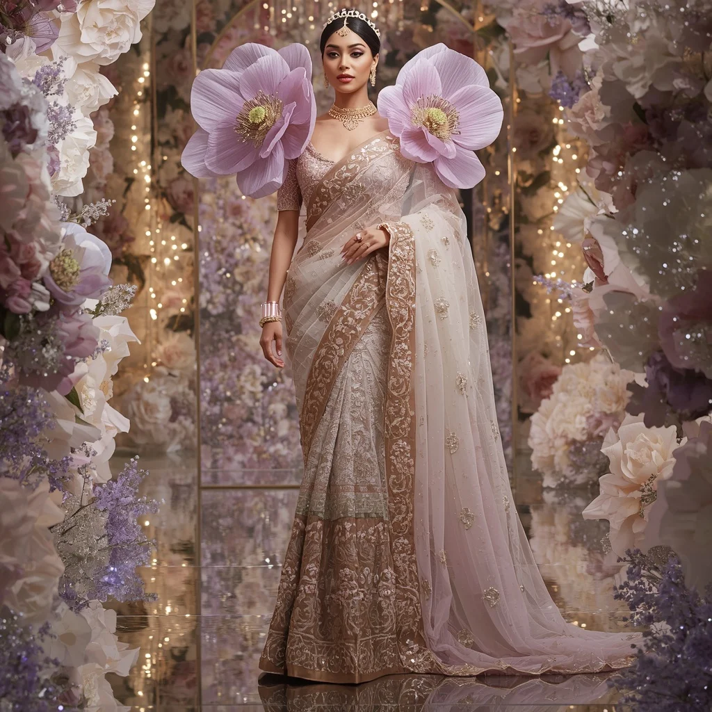 Giant Crystal Anemone Bloom Saree with Royal Floral Sanctuary | Influencer Ai Prompt
