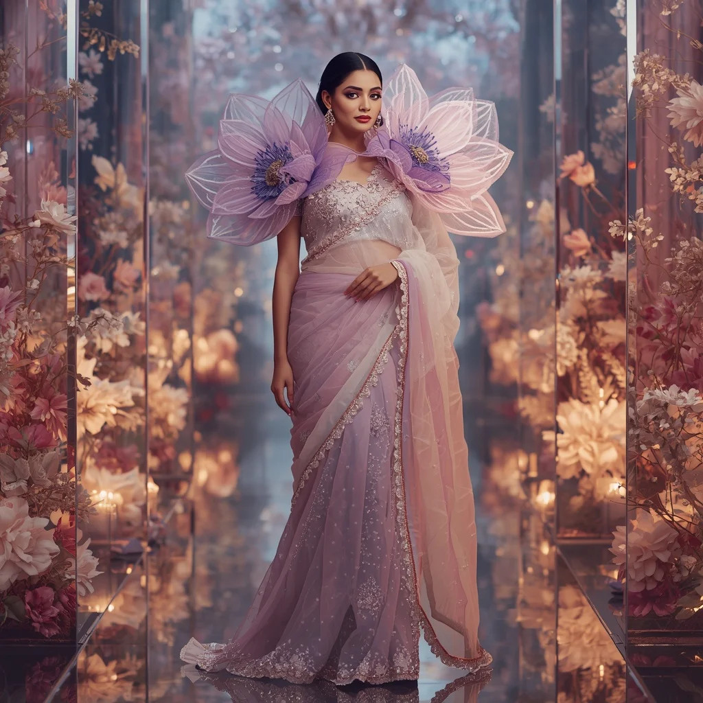 Giant Crystal Anemone Bloom Saree with Royal Floral Sanctuary | New Instagram Trend Prompt For Girl And Boy Copy And Paste