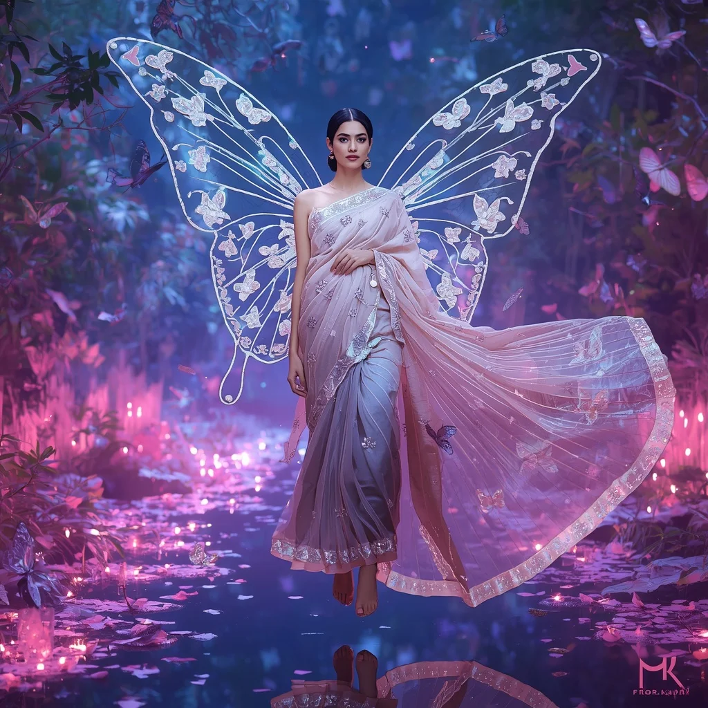 Giant Crystal Butterfly Wing Saree with Floating Neon Garden | Girl Photo Prompt Gemini