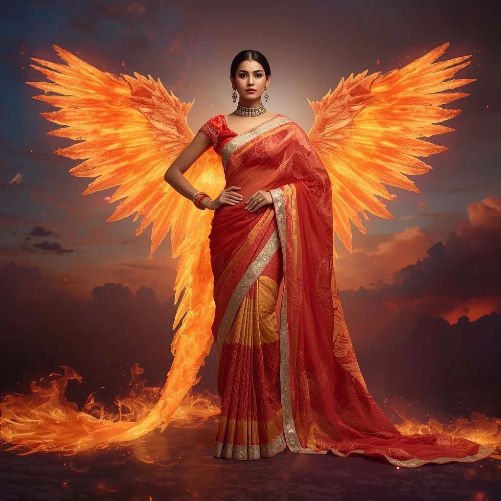 Giant Crystal Fire Dragon Phoenix Saree With Inferno Wings And Royal Cosmic Couture | Indian Saree Ai Prompt