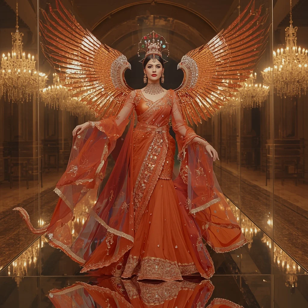 Giant Crystal Firebird Palace Saree with Reflection Kingdom Fortress | Fantasy Ai Prompt