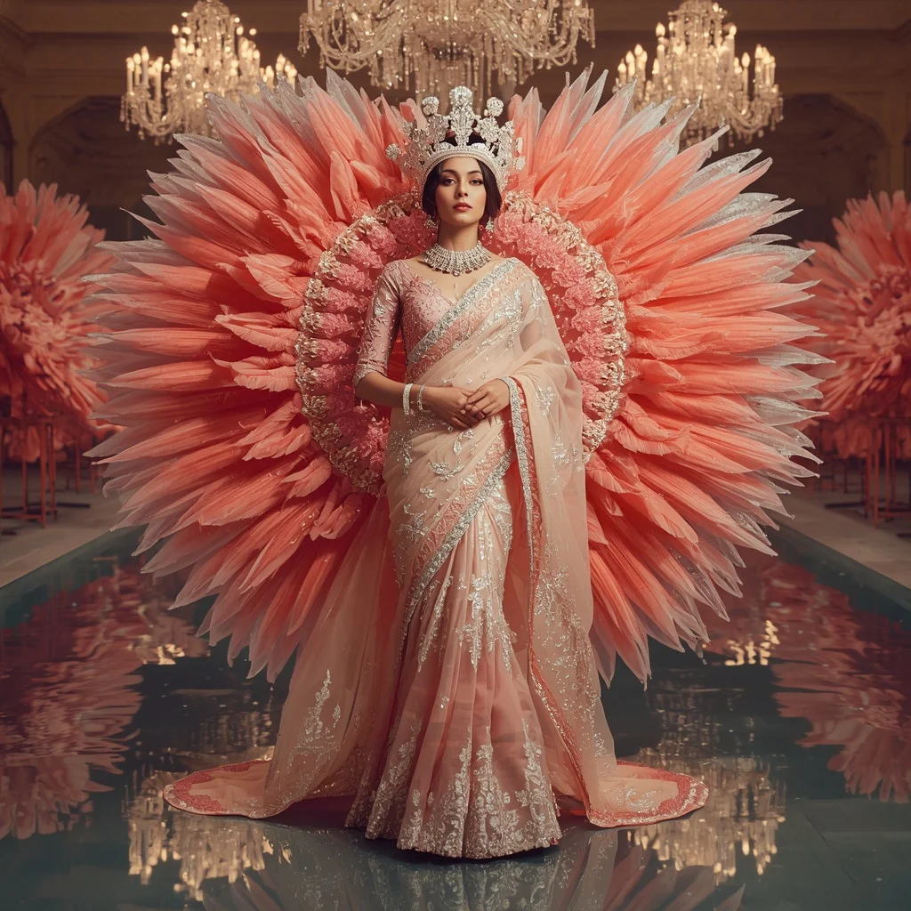 Giant Crystal Flamingo Crown Saree with Reflection Lagoon Kingdom | Woman Pose Ai Prompt