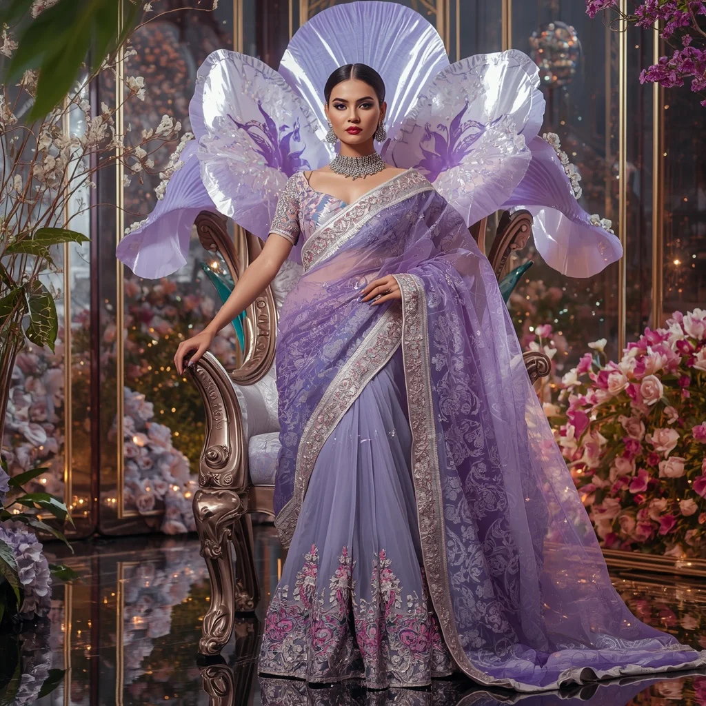 Giant Crystal Iris Throne Saree with Blooming Celestial Garden | Ai Prompt For Social Media