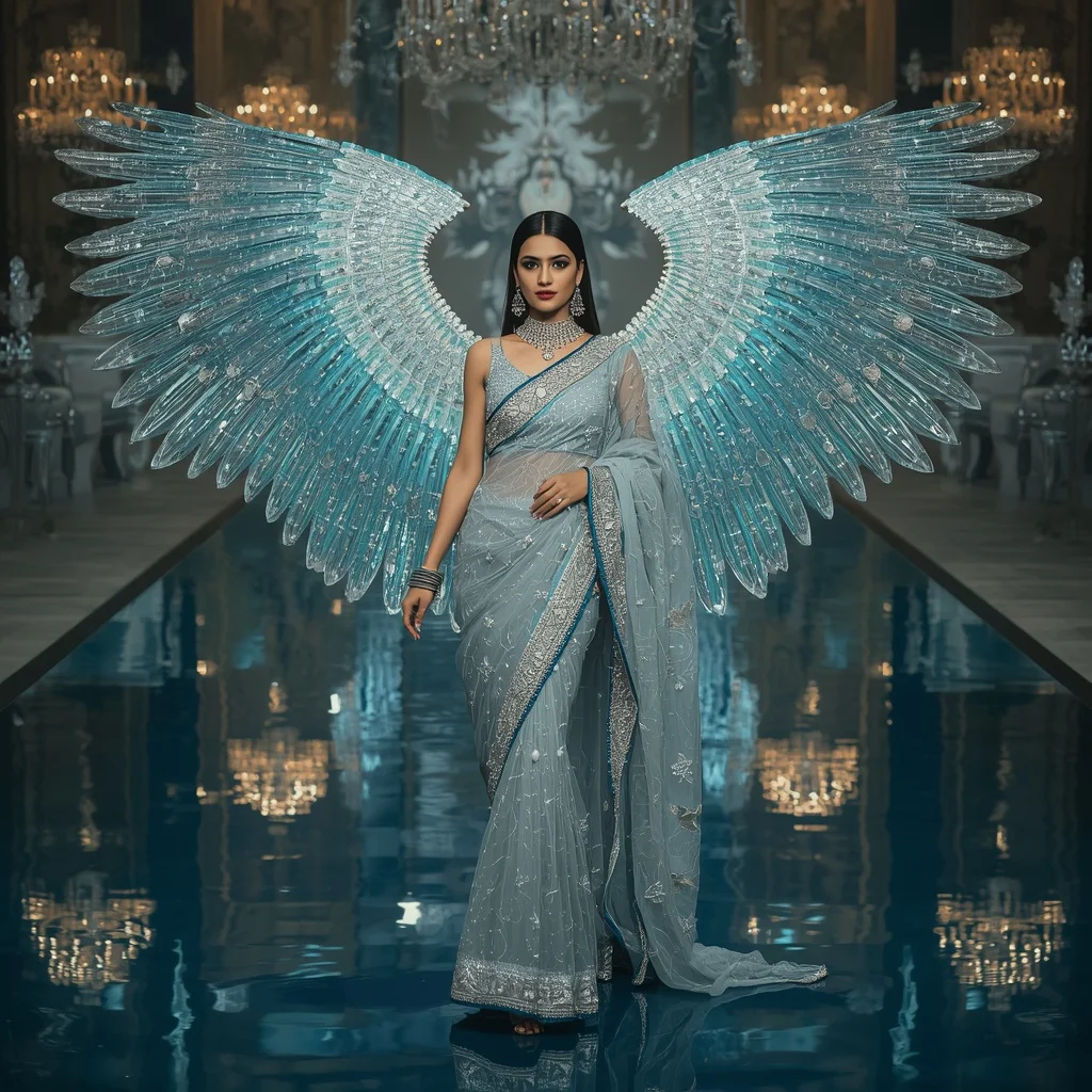 Giant Crystal Kingfisher Wing Saree with Reflection Water Empire | Banana Prompts Girls
