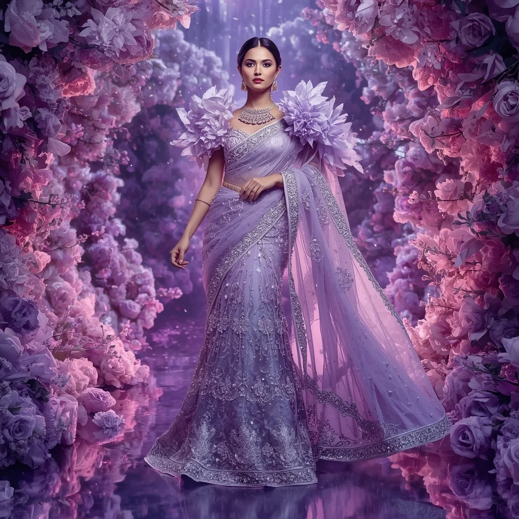 Giant Crystal Lavender Castle Saree with Blooming Royal Paradise | Ai Gemini Prompt