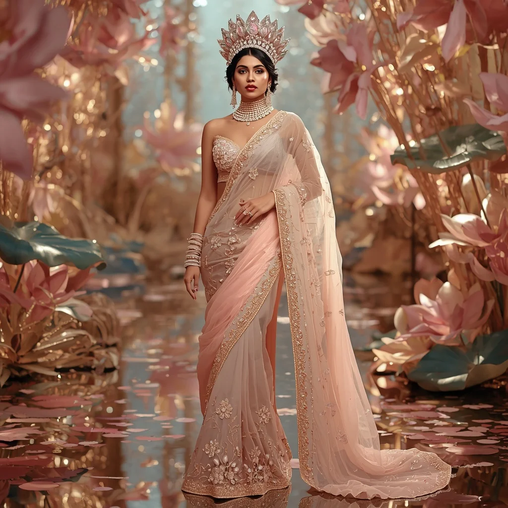 Giant Crystal Lotus Crown Waterfall Saree with Royal Bloom Paradise | Female Model Ai Prompt