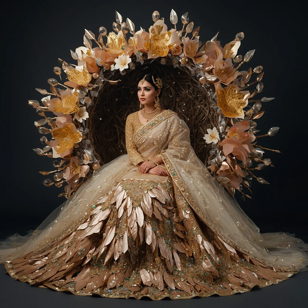 Giant Crystal Nest Saree with Floating Golden Bird Kingdom | Travel Ai Prompt