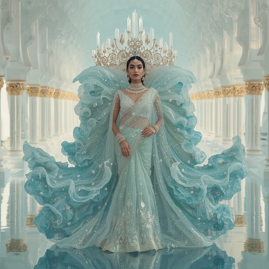 Giant Crystal Ocean Crown Saree with White Water Palace | Prompt Ai For Girl Aesthetic