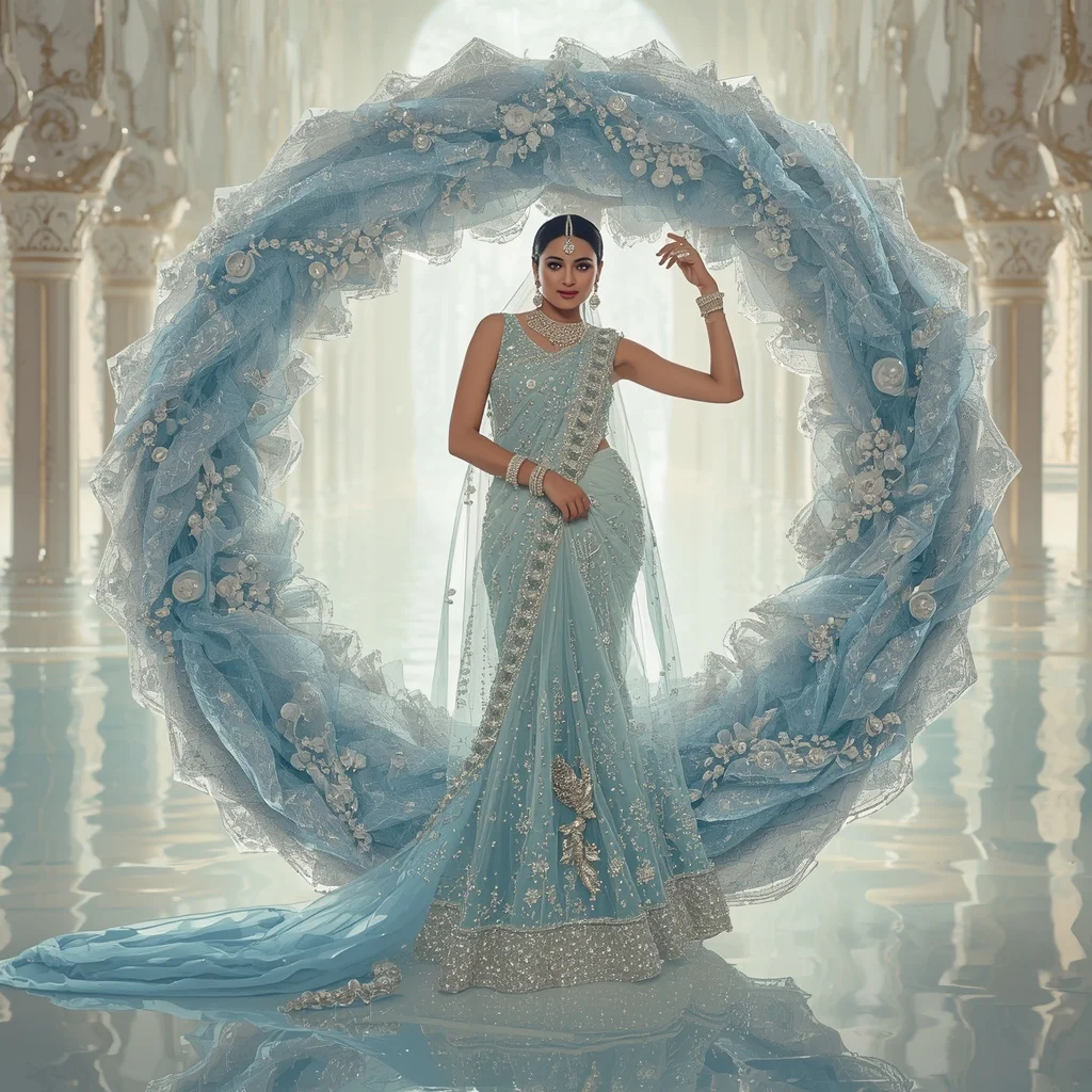 Giant Crystal Ocean Spiral Saree with White Water Palace Kingdom | Woman Pose Ai Prompt