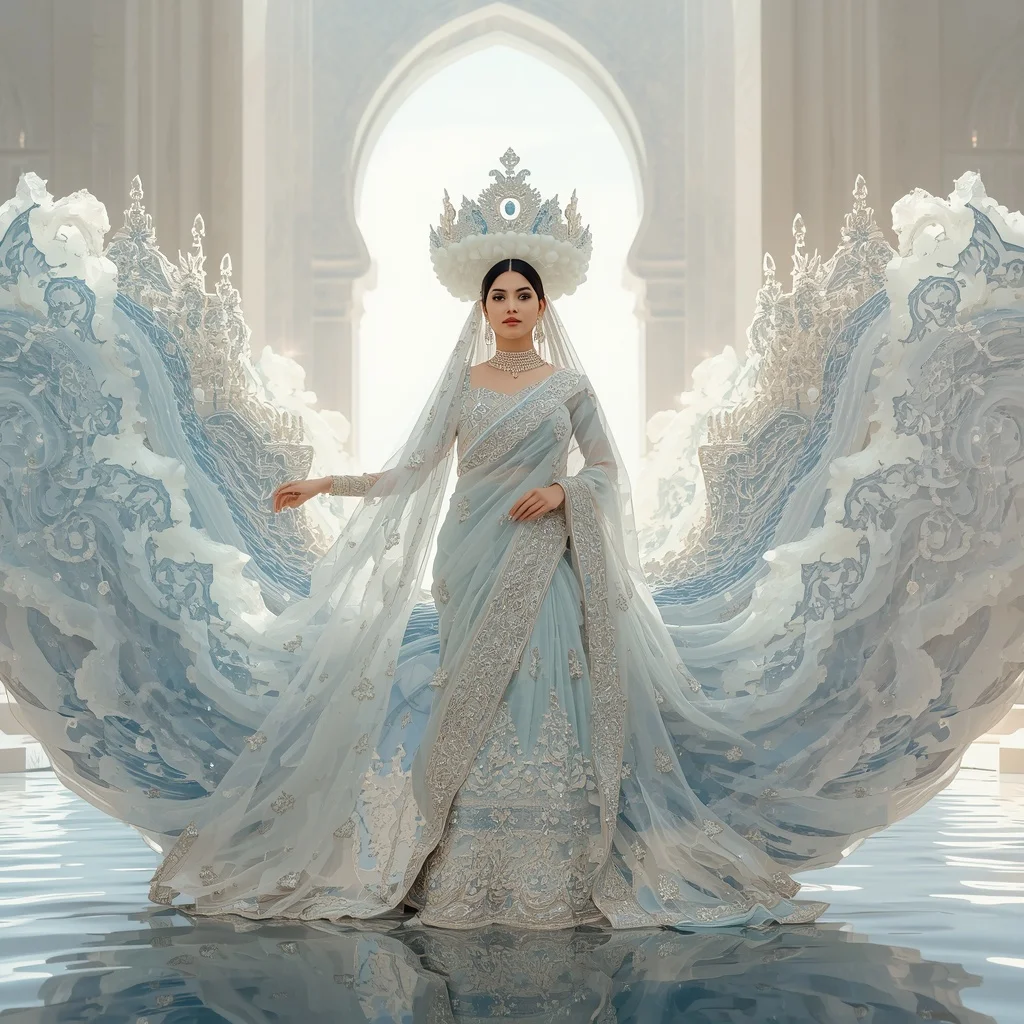 Giant Crystal Ocean Temple Crown Saree with White Water Fortress | Ai Prompt For Instagram