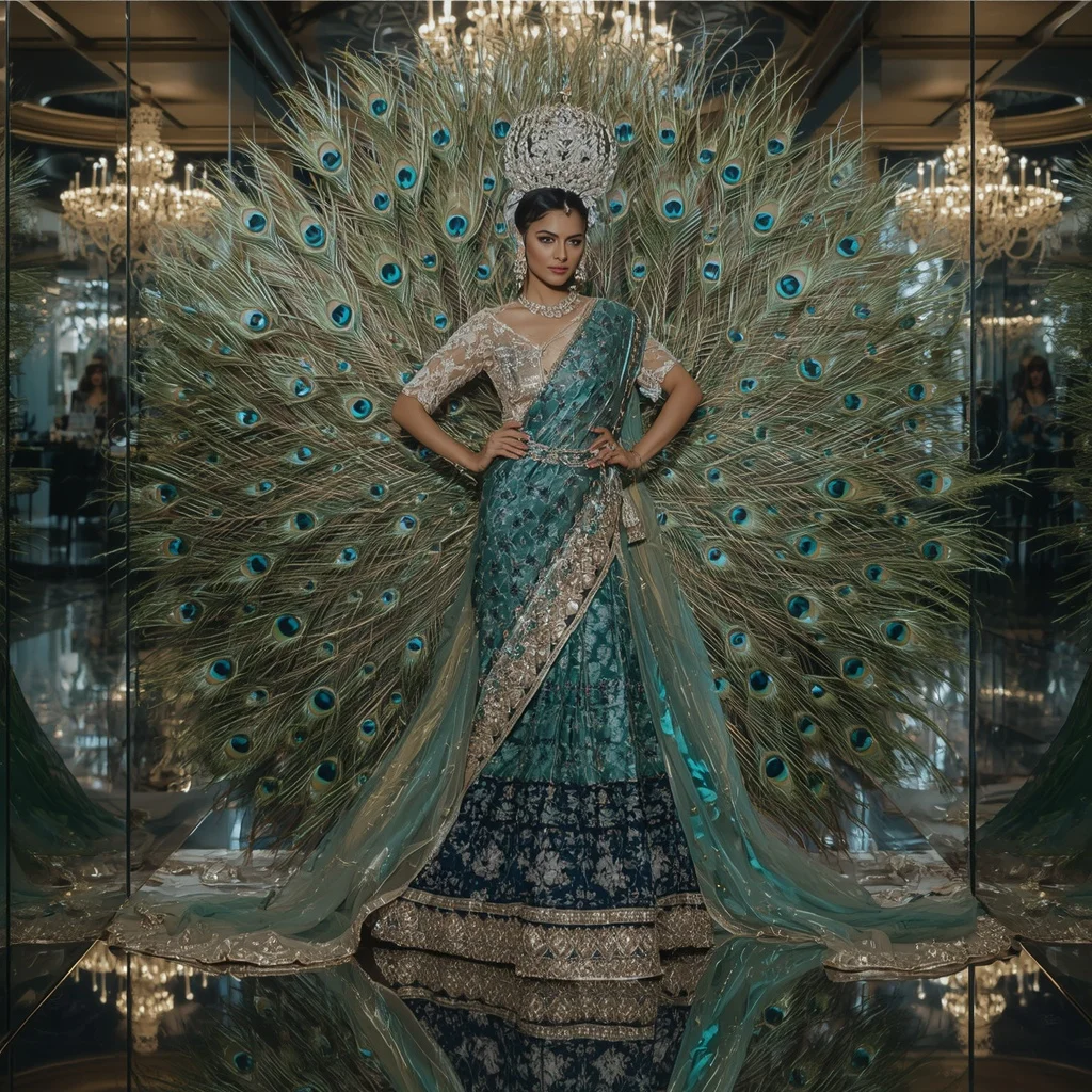 Giant Crystal Peacock Crown Cathedral Saree with Reflection Kingdom | Best Prompt For Traditional Look For Girl Chatgpt