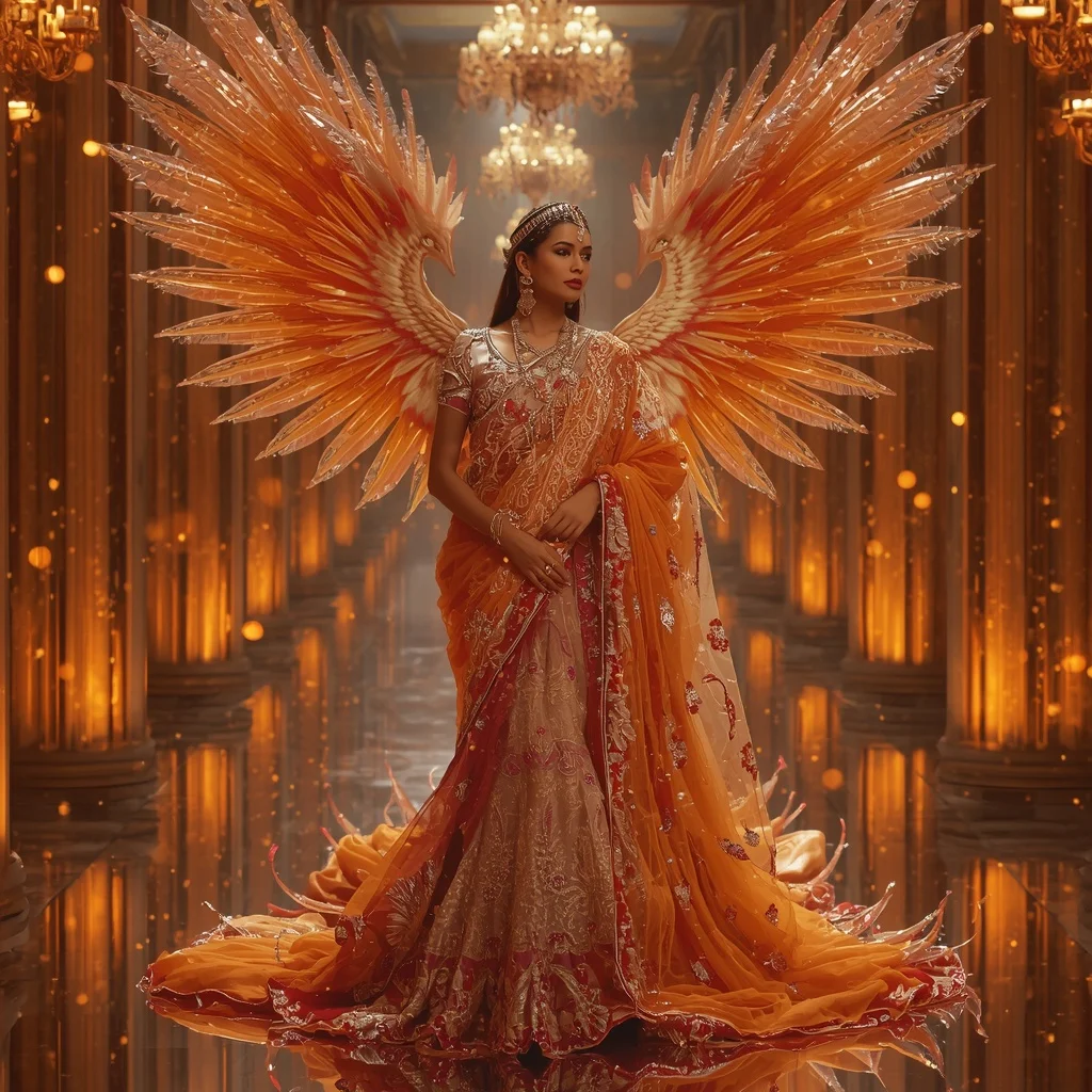 Giant Crystal Phoenix Cathedral Saree with Fire Reflection Kingdom | Fashion Ai Prompt
