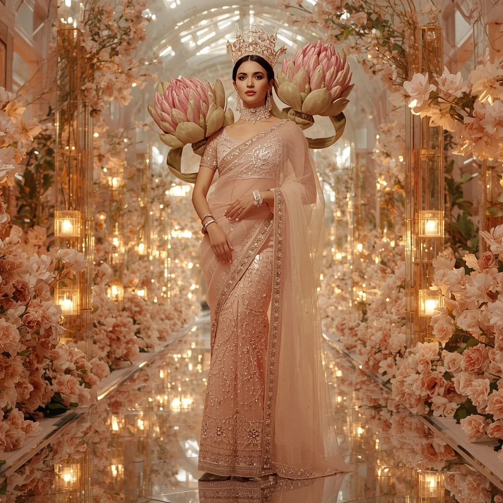 Giant Crystal Protea Crown Saree with Blooming Royal Paradise Empire | New Instagram Trend Prompt For Girl Copy And Paste