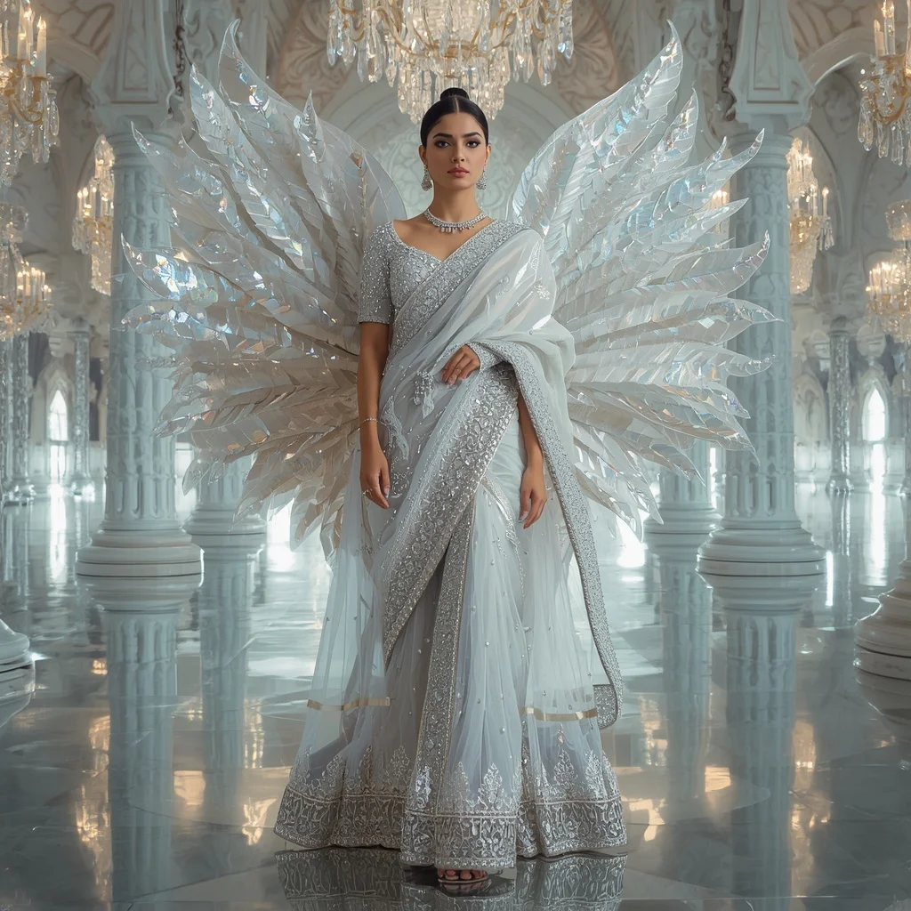 Giant Crystal Swan Cathedral Saree with Reflection Pearl Fortress | Instagram Influencer Ai Prompt
