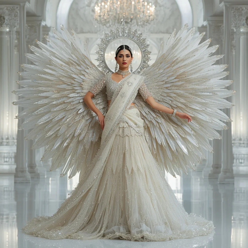 Giant Crystal Swan Halo Saree with White Reflection Empire | Gemini Girl Photo Prompt Indian Style Instagram