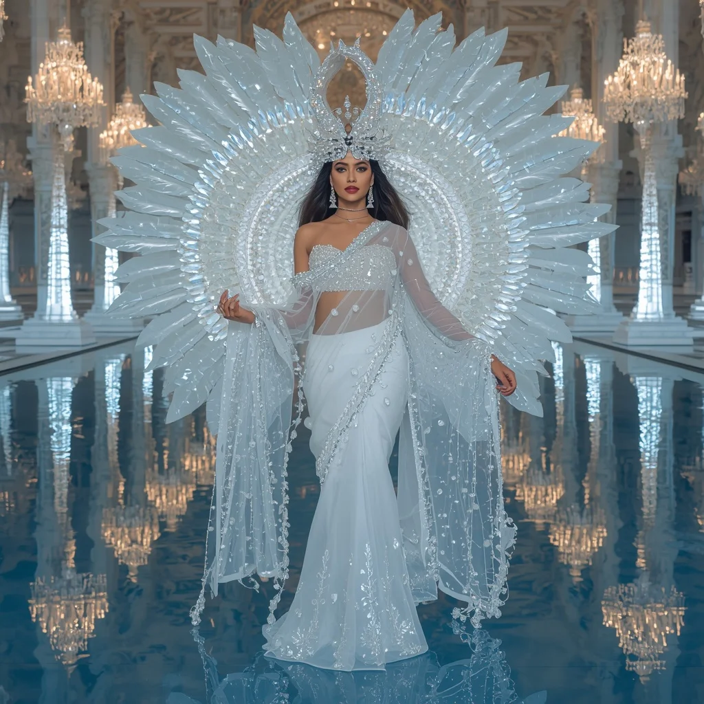 Giant Crystal Swan Palace Saree with Reflection Water Citadel | Prompt Seen Girl Kurti