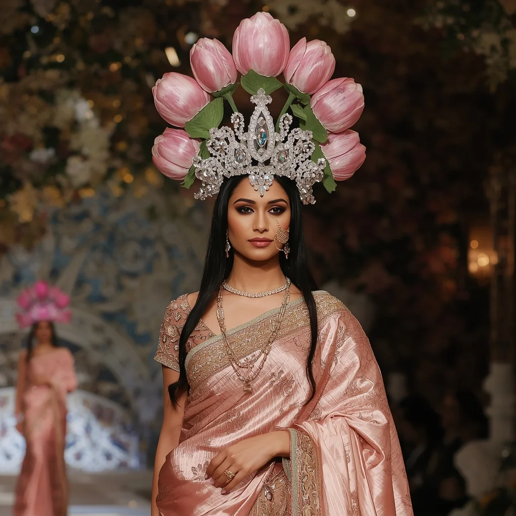 Giant Crystal Tulip Crown Saree with Luxury Floral Dome | Trending Prompt Girls Instagram