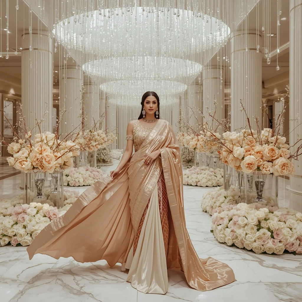 Giant Crystal Water Curtain Saree with White Floral Atrium | Prompt Seen Trending Girl 2026 Chatgpt