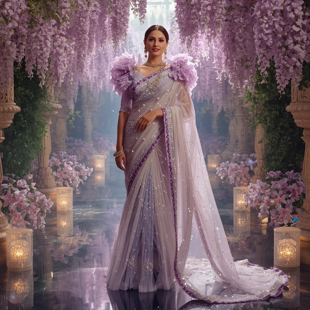 Giant Crystal Wisteria Waterfall Saree with Blooming Royal Sanctuary | Instagram Model Ai Prompt