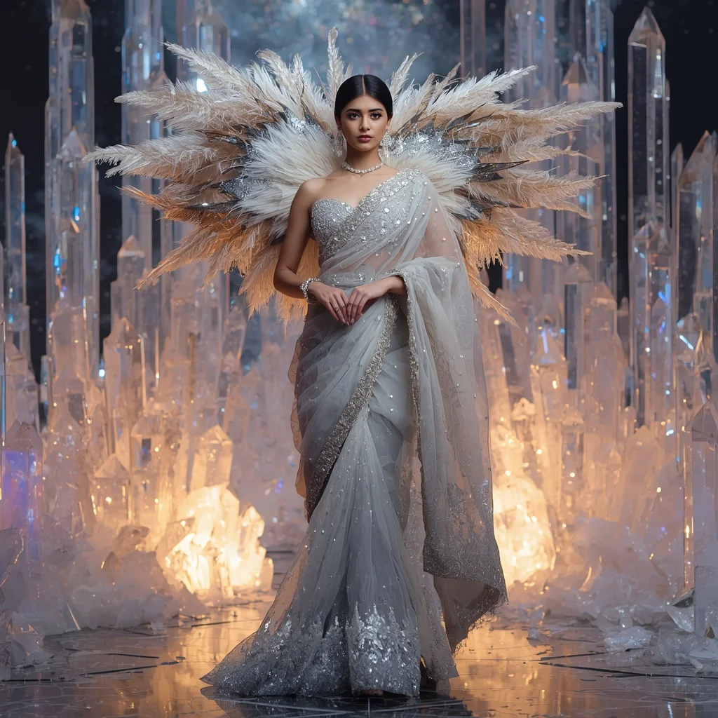 Giant Feather Diamond Galaxy Saree with Celestial Crystal Kingdom | Festival Prompt