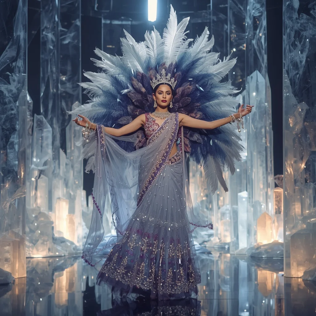 Giant Feather Nebula Crown Saree with Celestial Crystal Empire | Prompt Seen Trending Girl Instagram