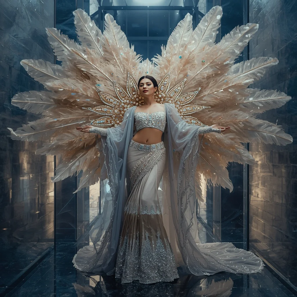 Giant Feather Solar Galaxy Saree with Celestial Diamond Fortress | Gemini Ai Prompt For Instagram