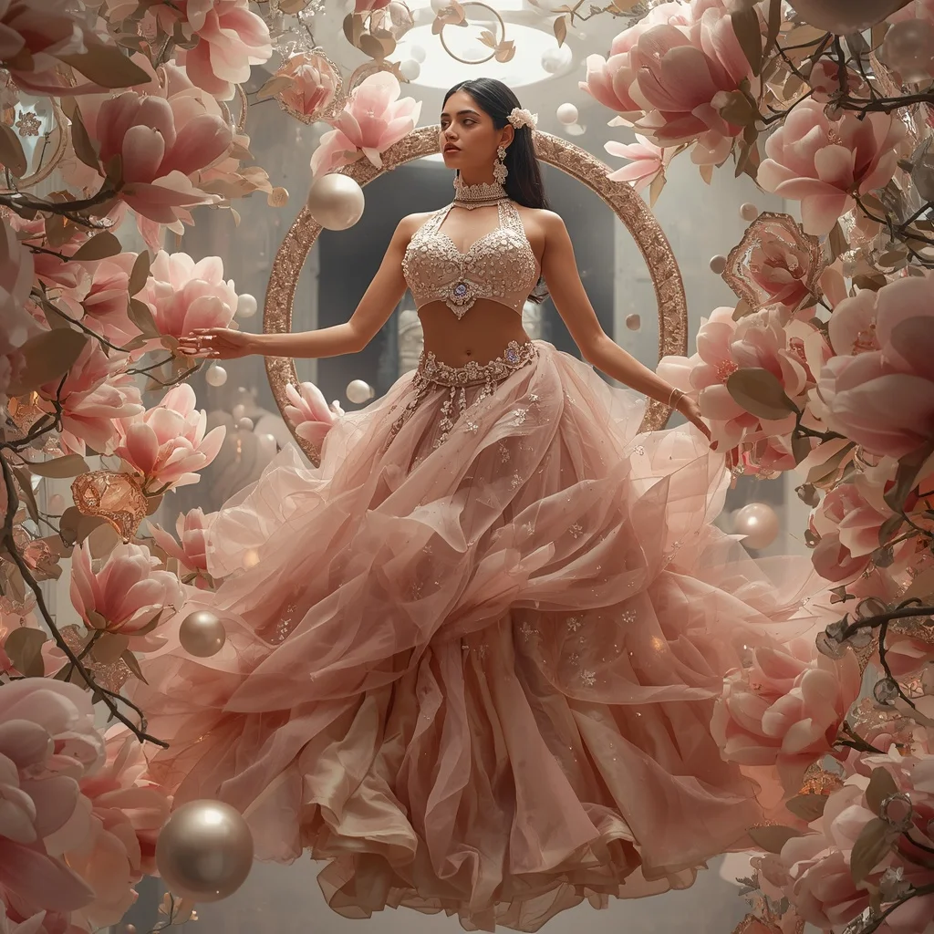 Giant Floating Magnolia Universe Saree with Floral Galaxy Citadel | Prompt Seen Girl Lehenga