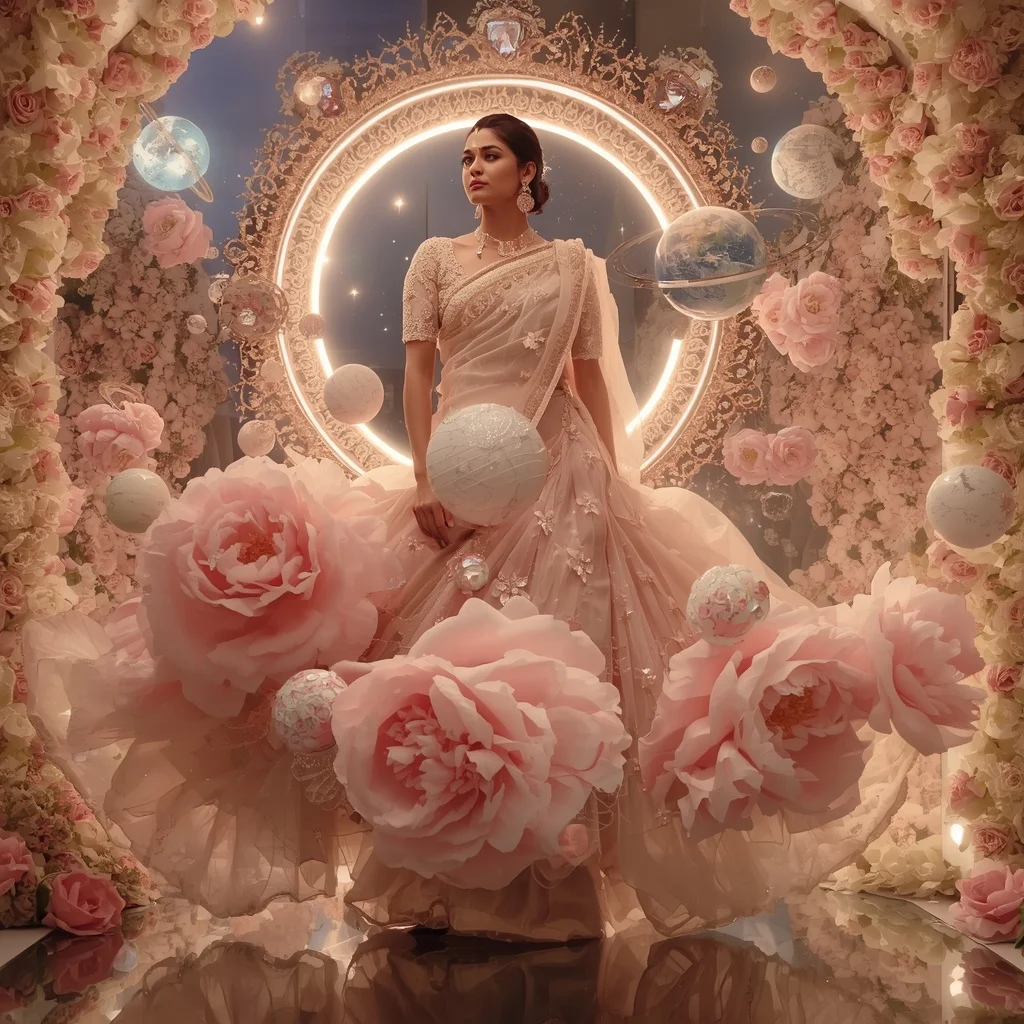 Giant Floating Peony Solar System Saree with Floral Galaxy Palace | Female Model Ai Prompt