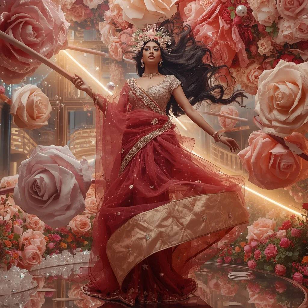 Giant Floating Rose Nebula Saree with Floral Universe Palace | Ai Gemini Photo Prompt