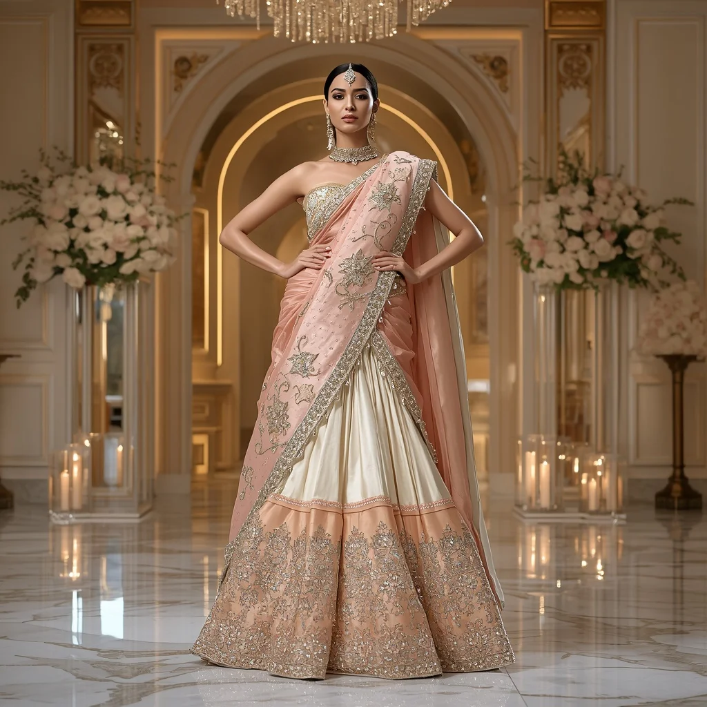 Giant Floral Jewel Throne Saree with Luxury Garden Ballroom | Prompt Seen Girl Lehenga