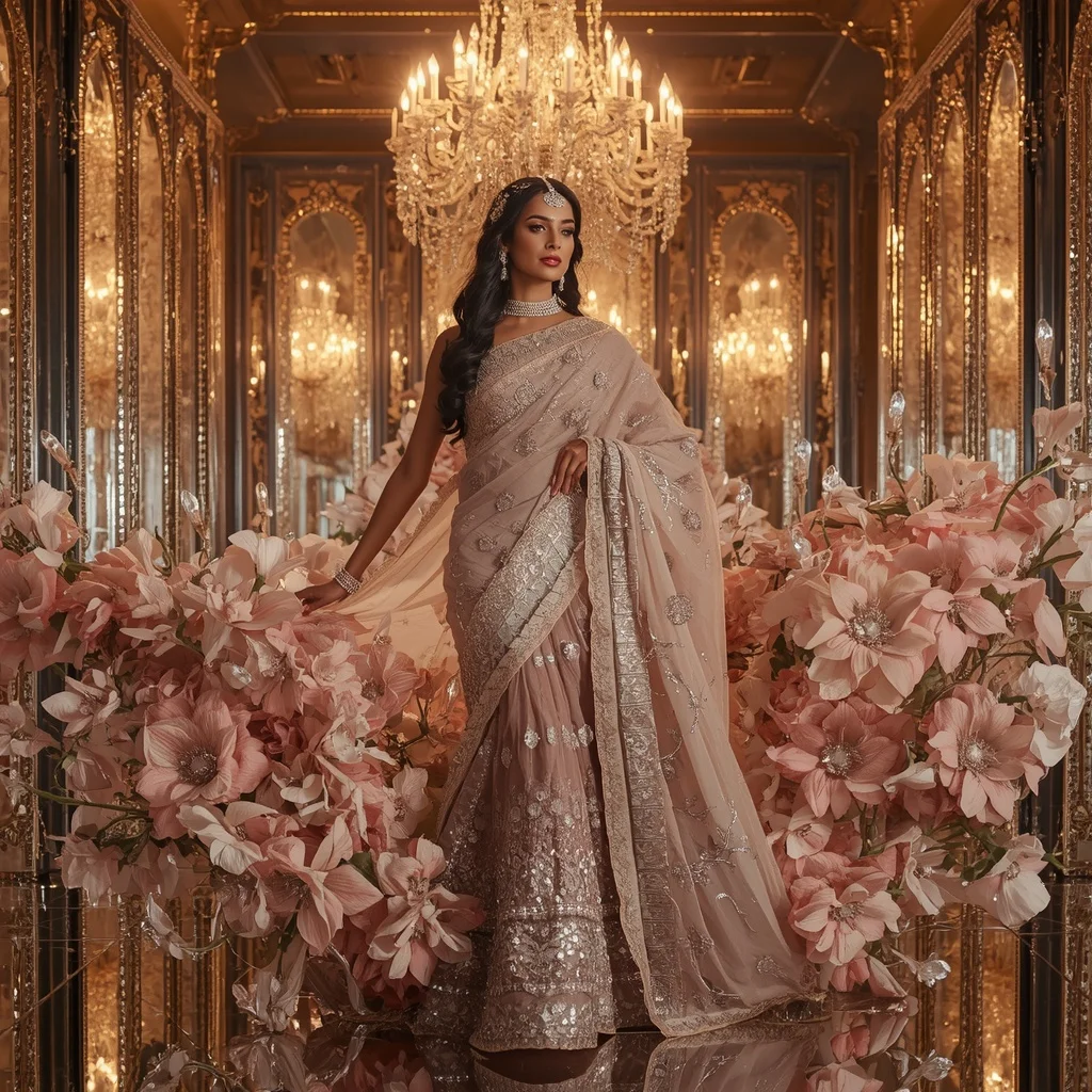 Giant Floral Mirror Diamond Palace Saree with Wedding Crystal Kingdom | Cute Girl Ai Prompt