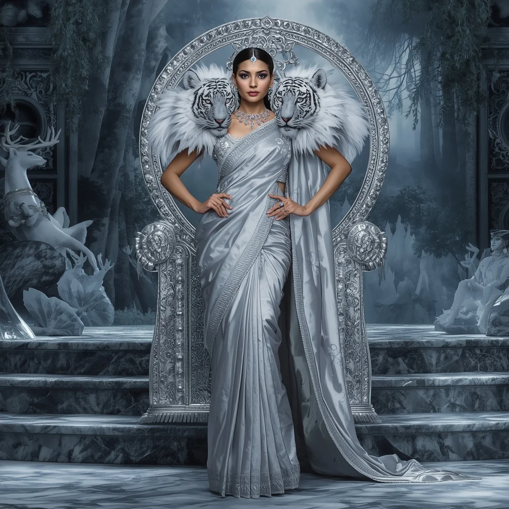 Giant Luxury Crystal Arctic Tigress Saree with Silver Wilderness Throne Empire | Prompt For Traditional Look For Girl Copy Paste