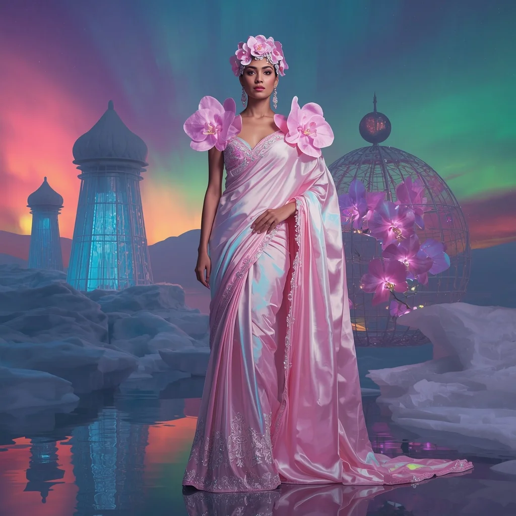 Giant Luxury Crystal Aurora Orchid Palace Saree with Polar Floral Kingdom | Influencers Ai Prompt