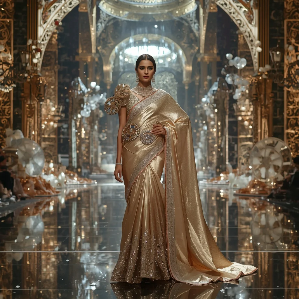 Giant Luxury Crystal Clockwork Palace Saree with Mechanical Fantasy Empire | Trending Prompts For Instagram For Girl