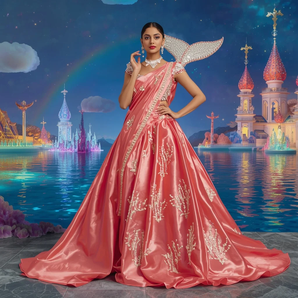 Giant Luxury Crystal Coral Whale Palace Saree with Rainbow Ocean Kingdom | Female Model Ai Prompt
