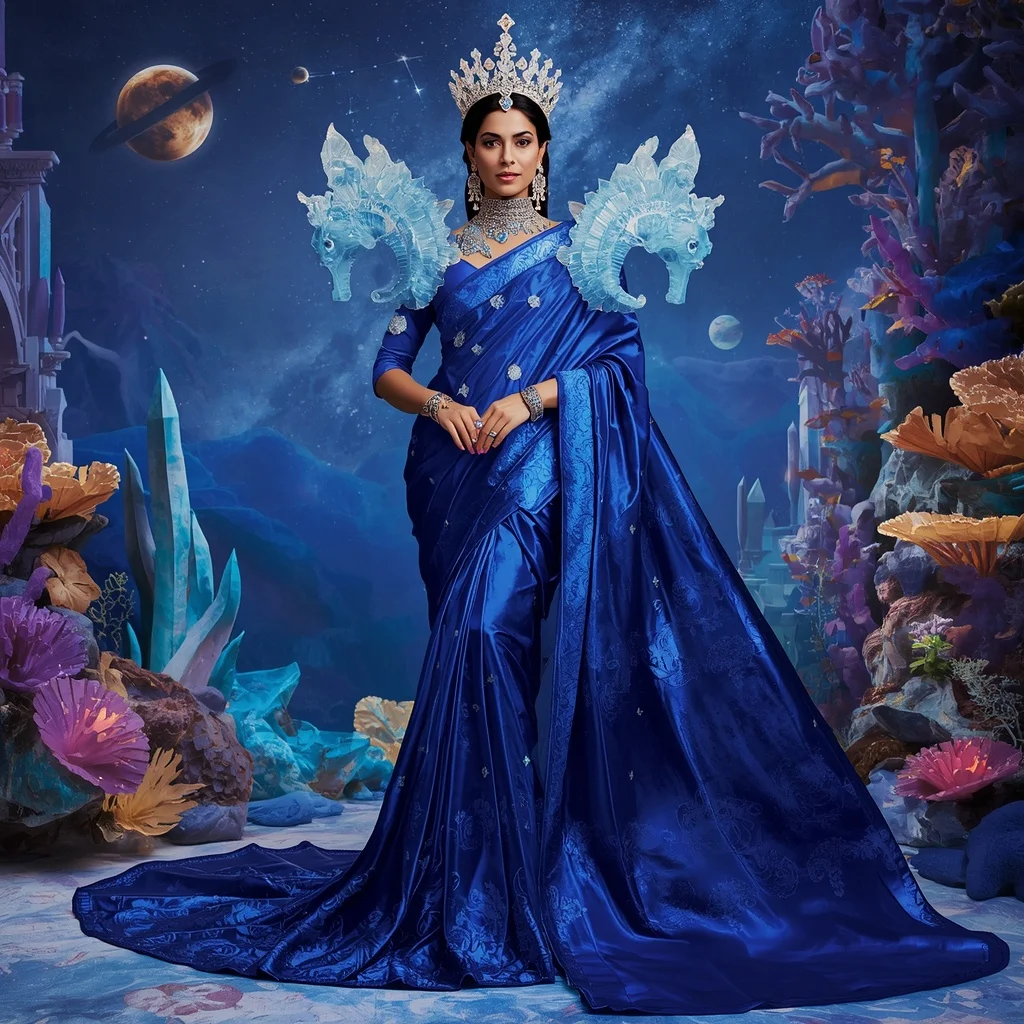 Giant Luxury Crystal Cosmic Seahorse Saree with Sapphire Galaxy Reef Kingdom | Beautiful Woman Ai Prompt