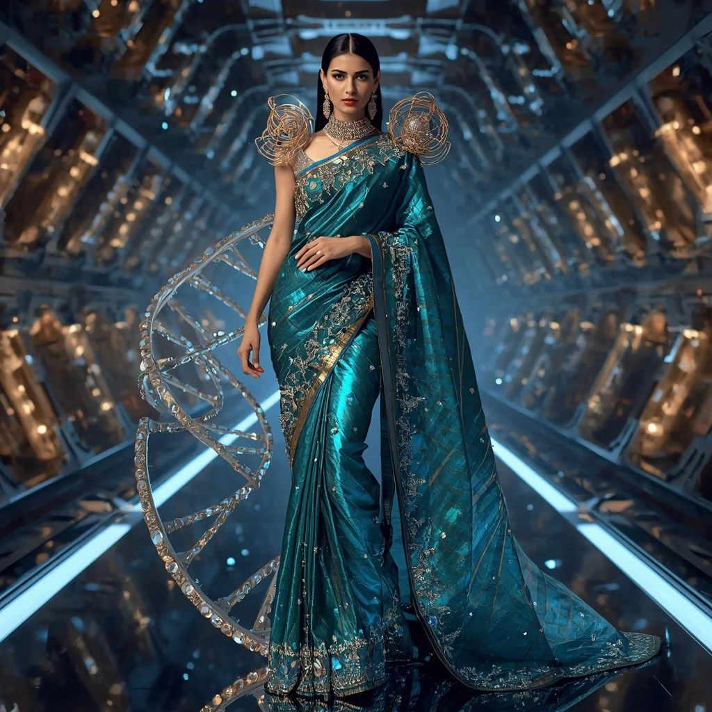 Giant Luxury Crystal DNA Helix Saree with Futuristic Bio Palace | Art Ai Prompt