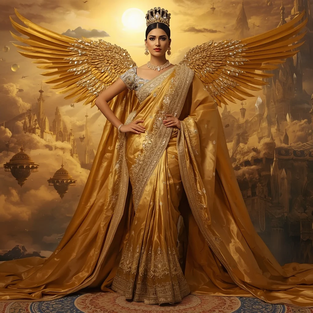 Giant Luxury Crystal Eagle Empress Saree with Golden Sky Citadel | Chatgpt Photo Editing Styles For Girl