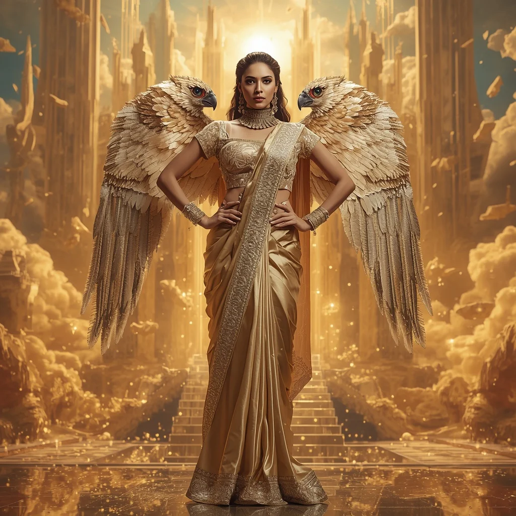 Giant Luxury Crystal Falcon Queen Saree with Golden Sky Throne Empire | Banana Prompts Girls