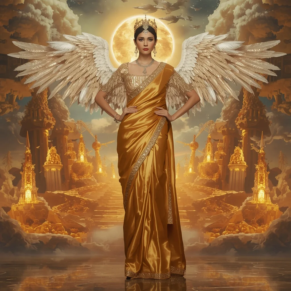 Giant Luxury Crystal Falcon Queen Saree with Golden Sky Throne Empire | Wedding Ai Prompt