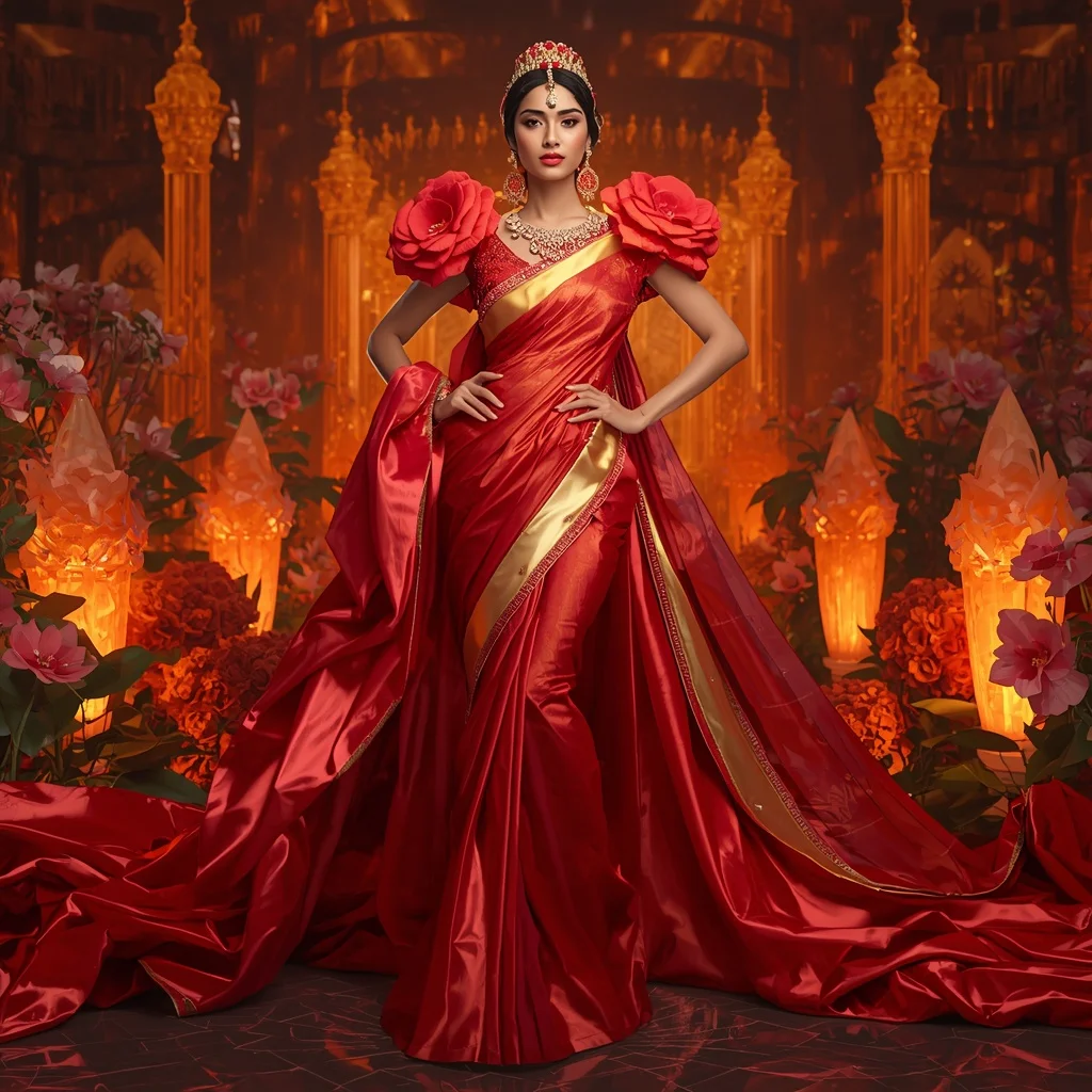 Giant Luxury Crystal Fire Camellia Saree with Ember Garden Kingdom | Instagram Girl Gemini Prompt