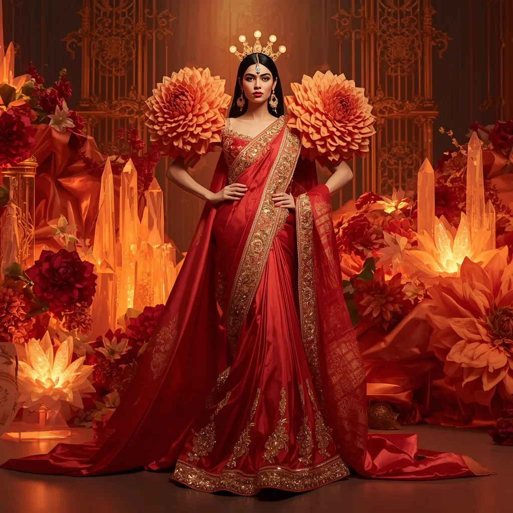 Giant Luxury Crystal Fire Dahlia Palace Saree with Ember Bloom Empire | New Instagram Trend Prompt For Girl