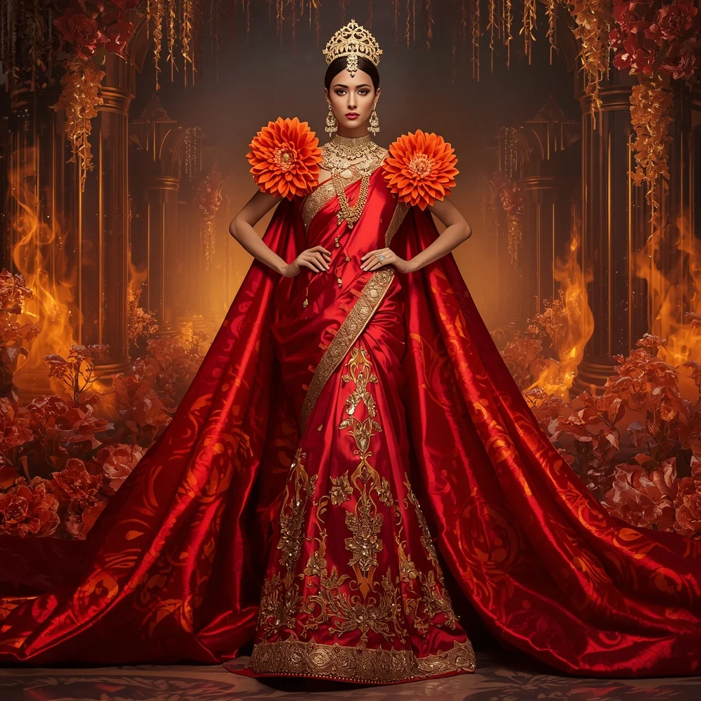 Giant Luxury Crystal Fire Dahlia Palace Saree with Ember Bloom Empire | Prompt For Gemini AI Girl Model