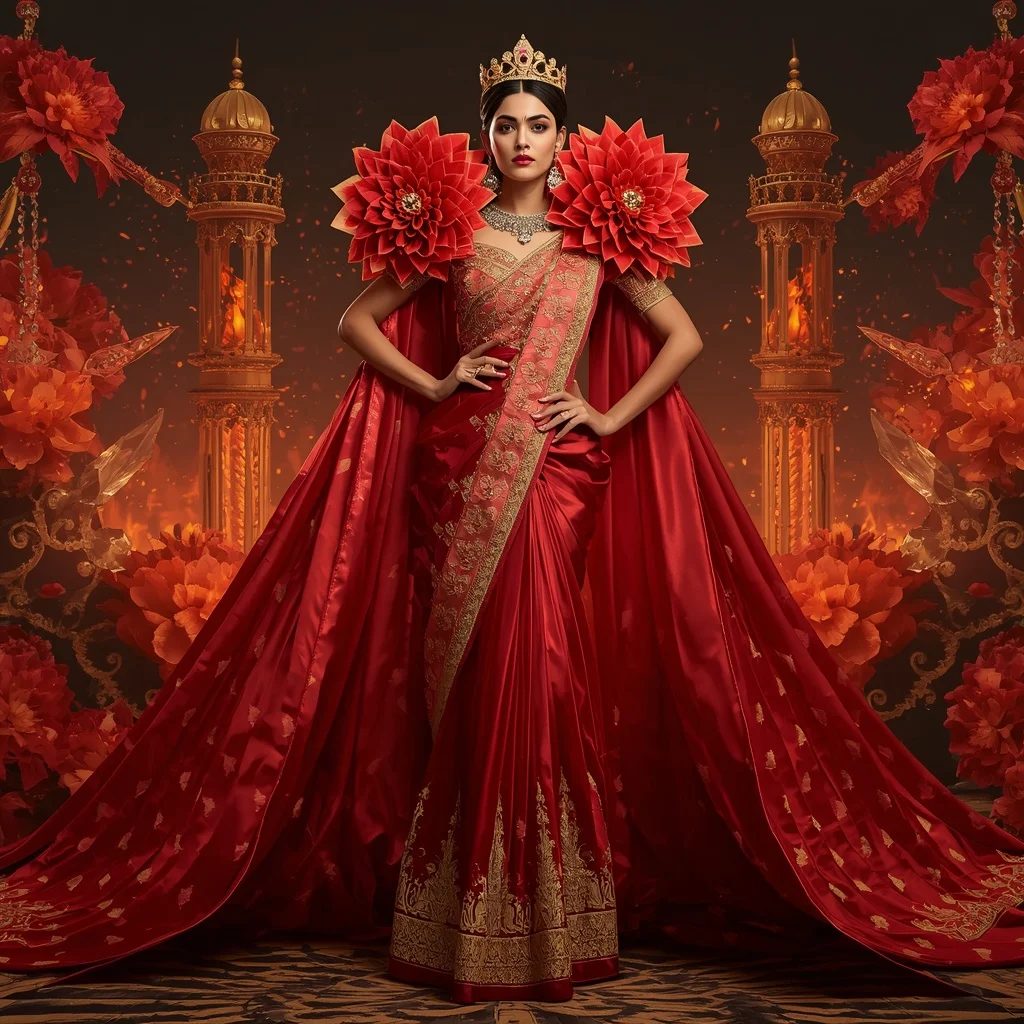 Giant Luxury Crystal Fire Dahlia Palace Saree with Ember Bloom Empire | Secret Ai Prompt