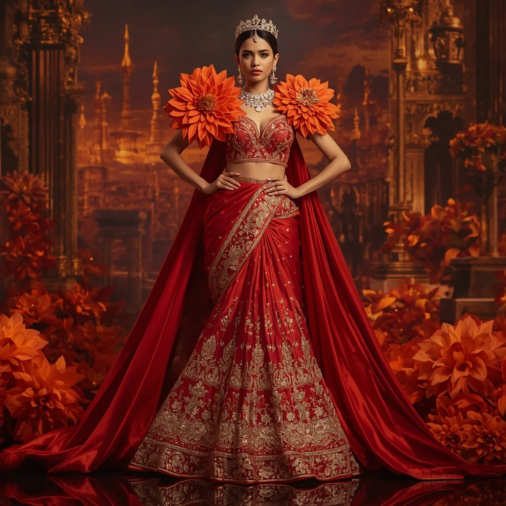 Giant Luxury Crystal Fire Dahlia Palace Saree with Ember Bloom Empire | Image To Prompt