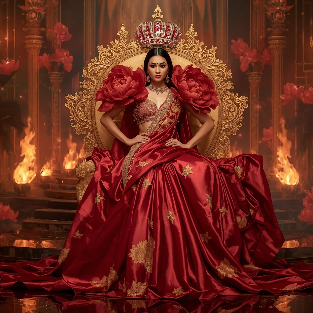 Giant Luxury Crystal Fire Peony Throne Saree with Ember Royal Dynasty | Influencers Ai Prompt