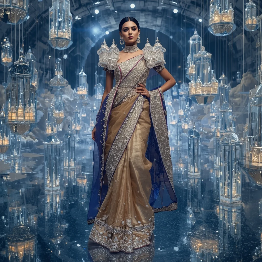Giant Luxury Crystal Floating Crown City Saree with Sky Kingdom Architecture | Prompt Seen Trending Girl Instagram