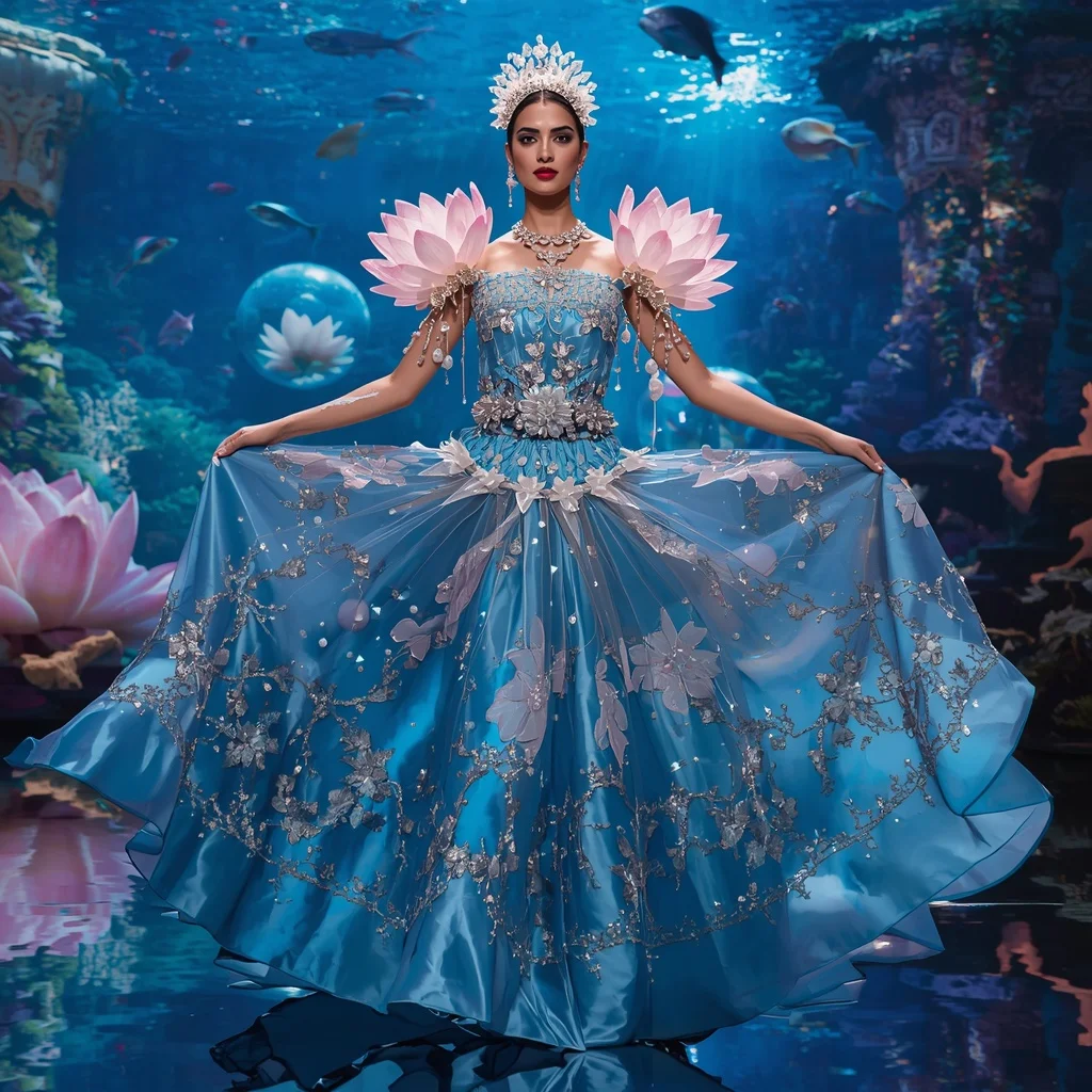 Giant Luxury Crystal Floating Lotus Aquarium Saree with Sapphire Water Empire | Prompt Gemini Ai