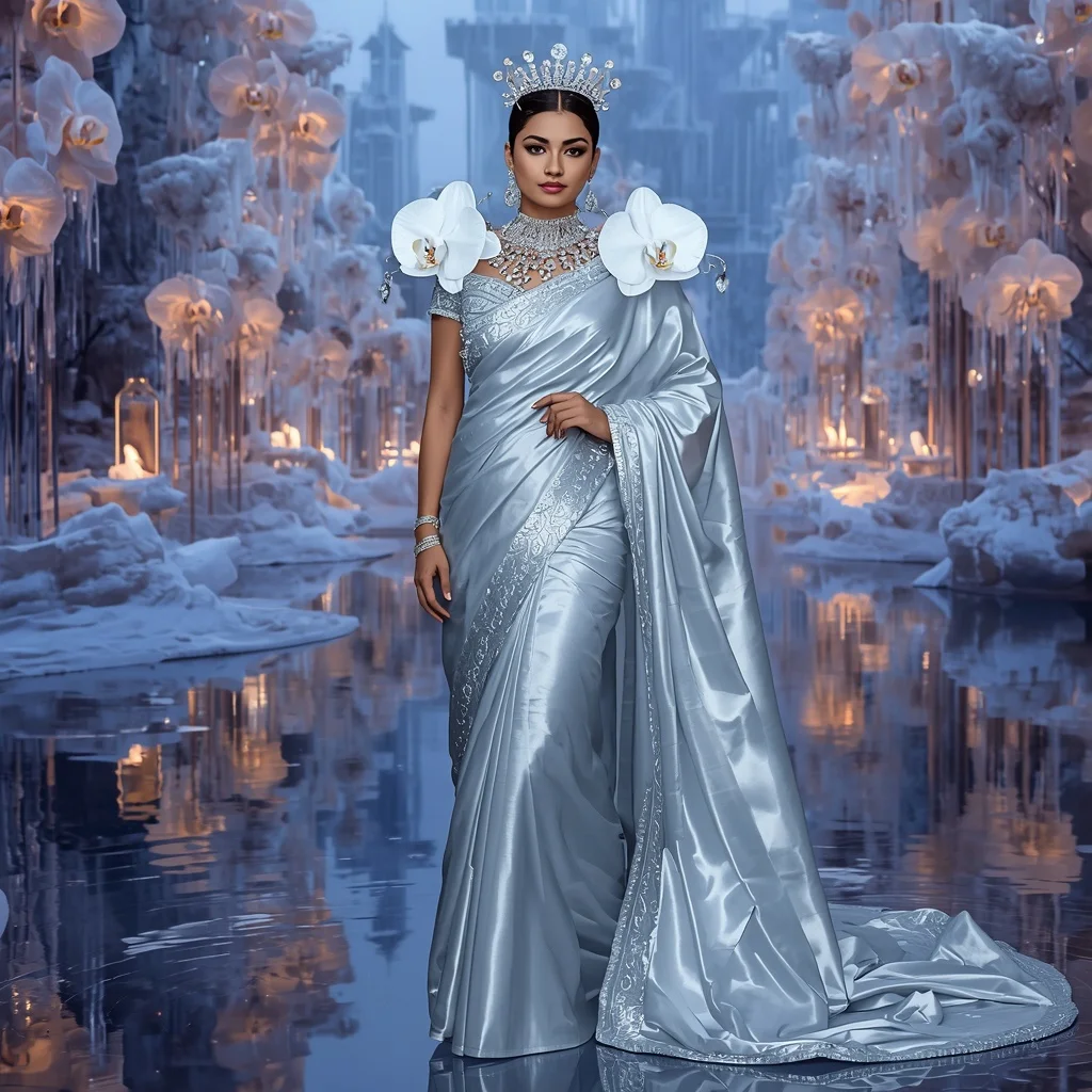 Giant Luxury Crystal Glacier Orchid Palace Saree with Frozen Reflection Dynasty | Ai Image Generator Prompt