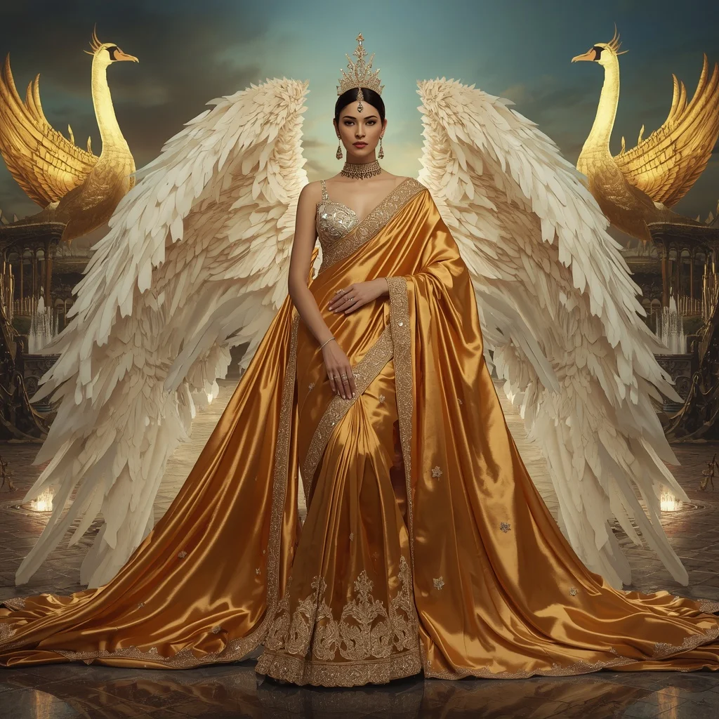 Giant Luxury Crystal Golden Swan Fortress Saree with Celestial Royal Capital | Youtube Thumbnail Ai Prompt